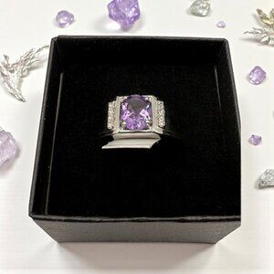 Oval-Cut Amethyst & White Topaz Ring 1.60 Ct Rhodium-Plated 925 Sterling Silver